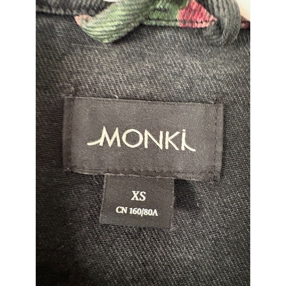 Monki Faded Black Denim Cropped Jacket Dusty Pink Rose XS Grunge Boho Floral - Picture 8 of 8